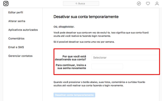 Desativar conta do instagram